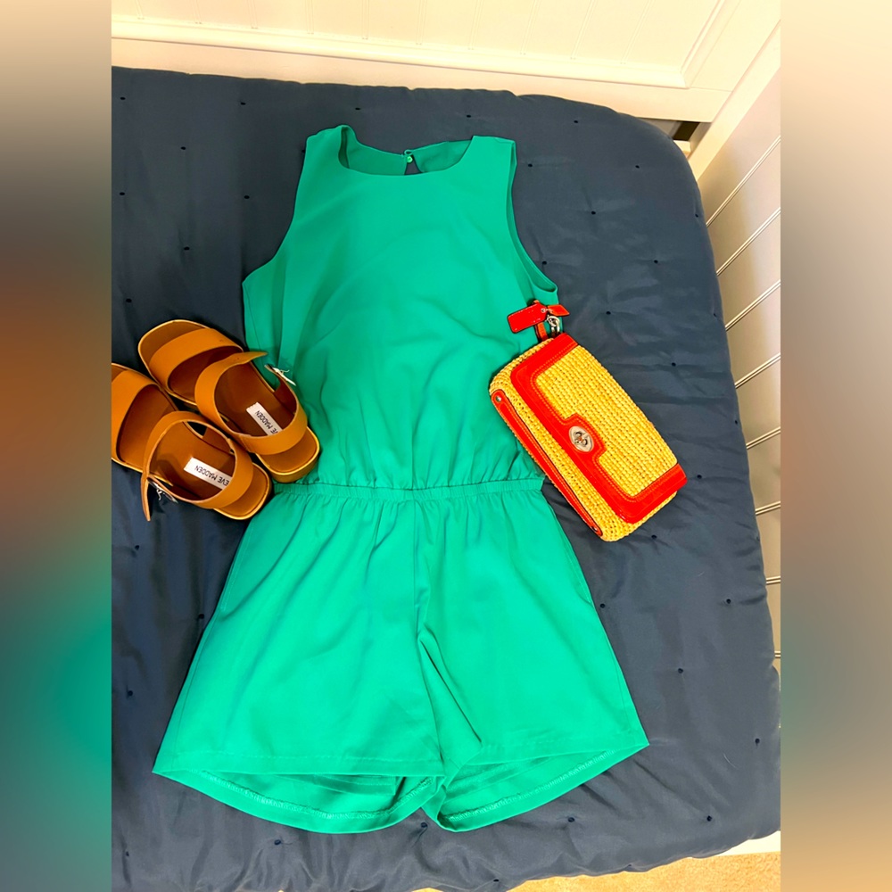 Size small, Francesca’s green romper, with open back